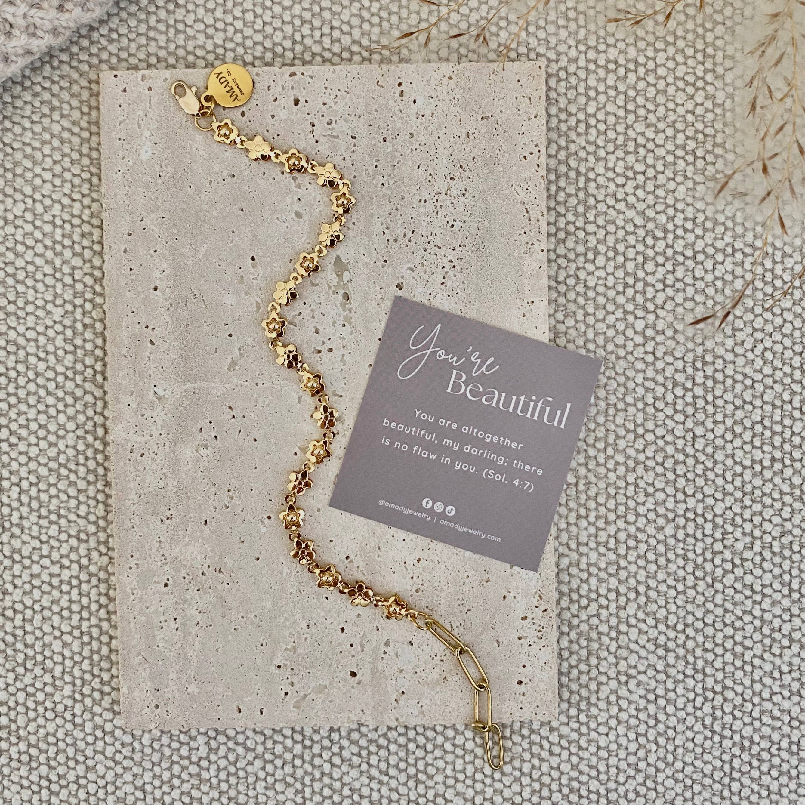 Layering Gold Plated Charm Bracelets clover, flower, pearls