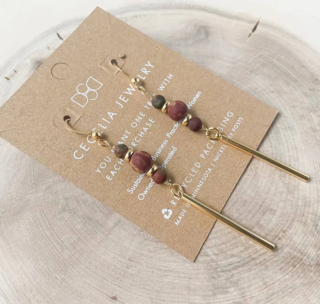 Gemstone and Gold Bar Drop Earrings