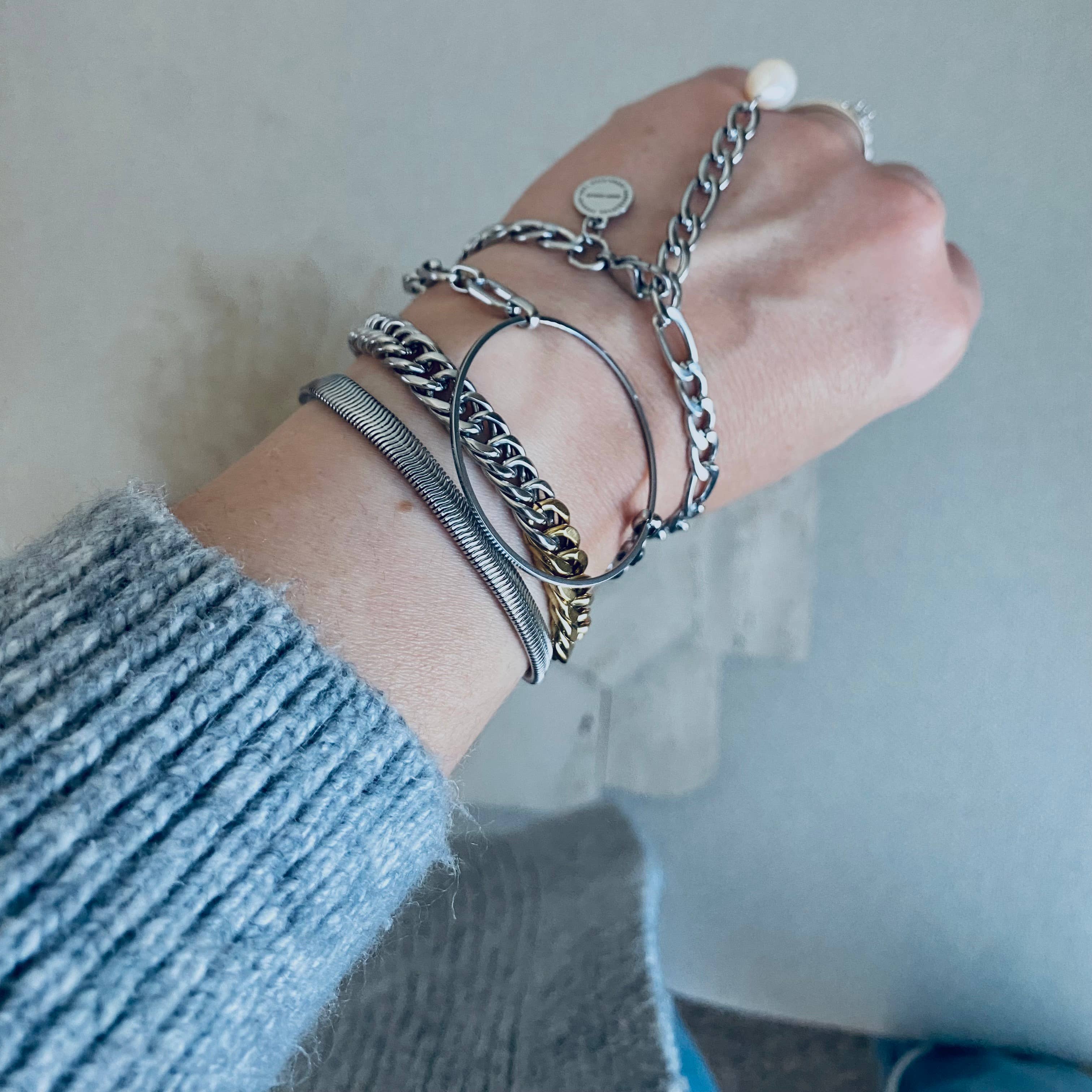 Silver Figaro Pearl link chain bracelet stainless steel