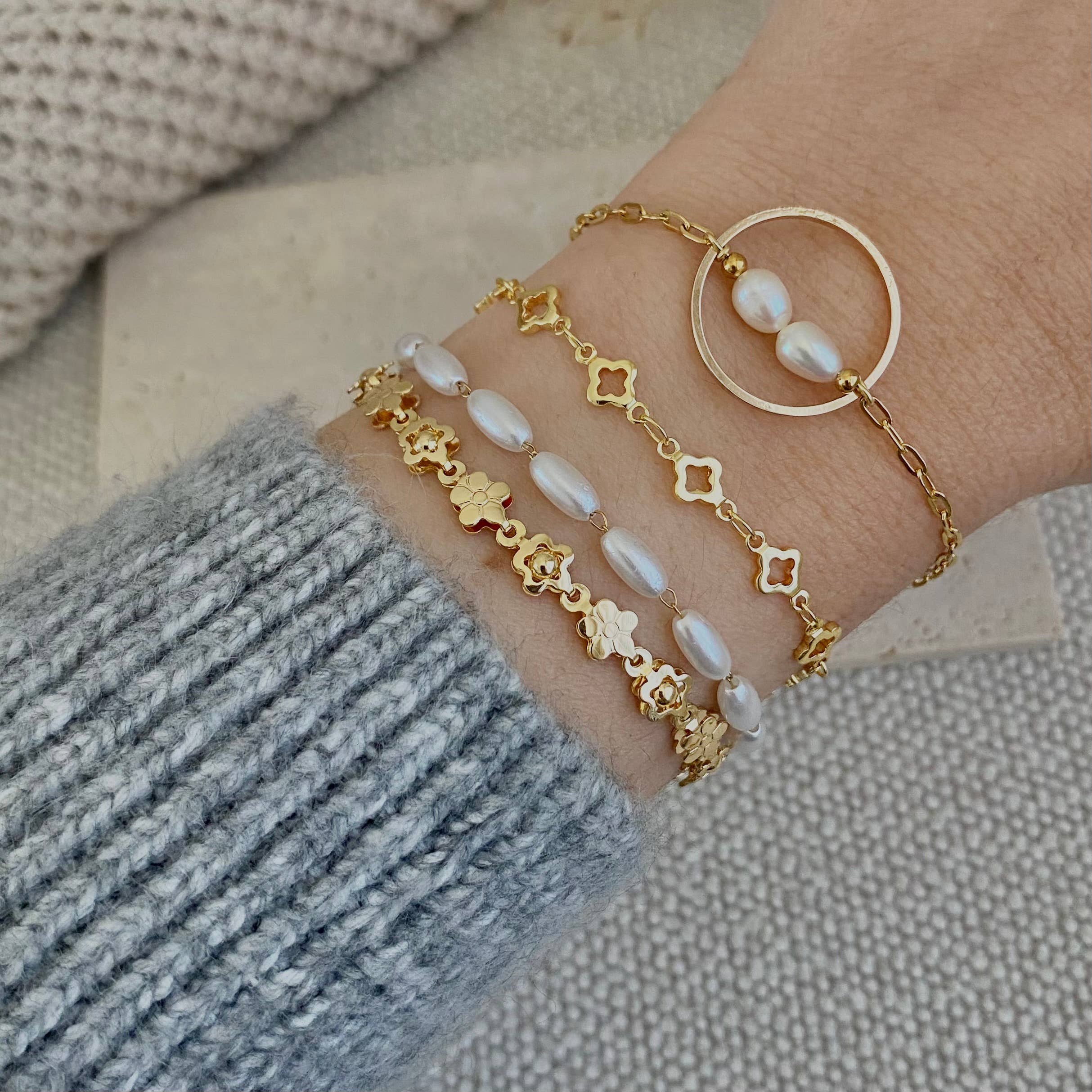 Layering Gold Plated Charm Bracelets clover, flower, pearls