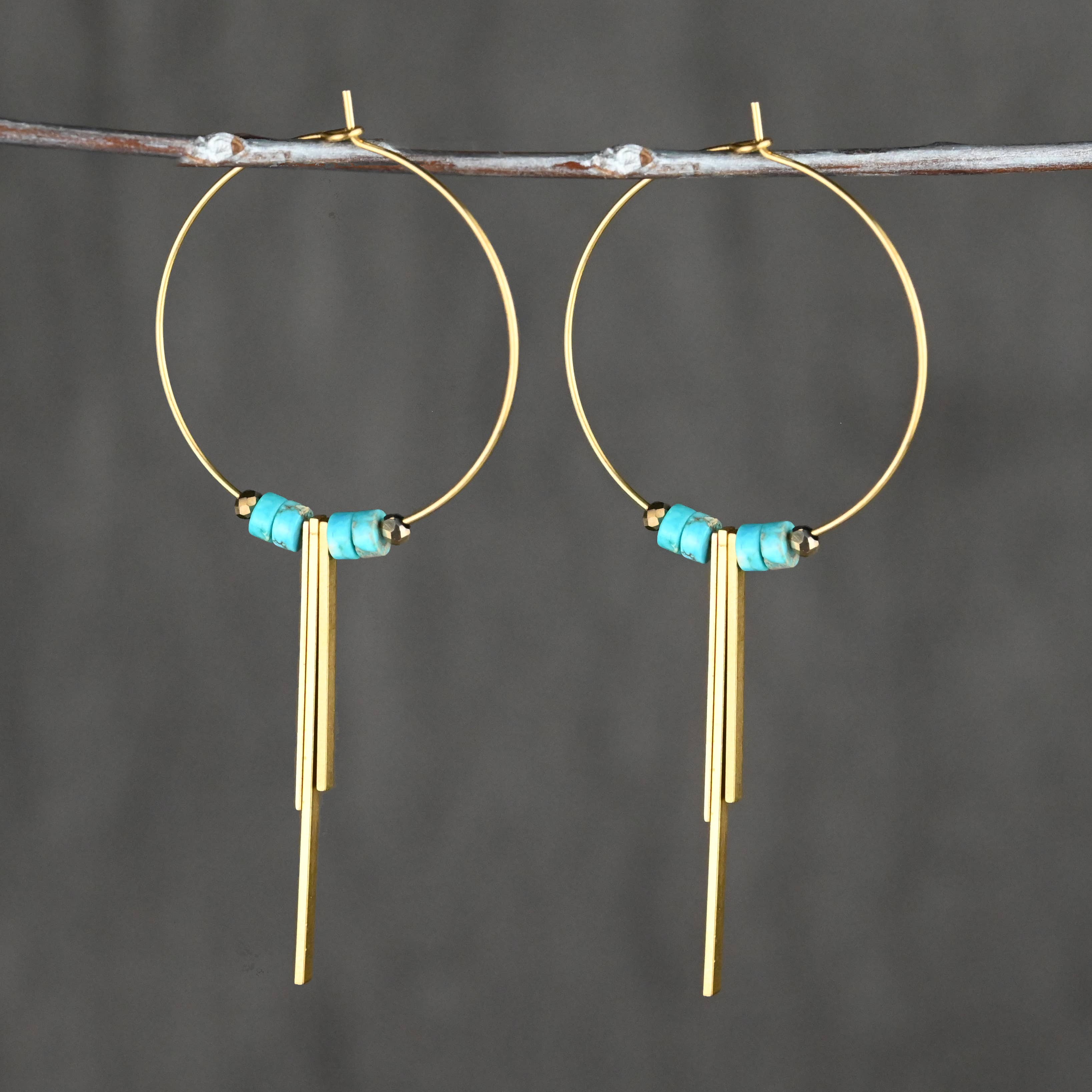35mm Brass Hoops w/ 3 Bars & Turquoise Jasper Earrings