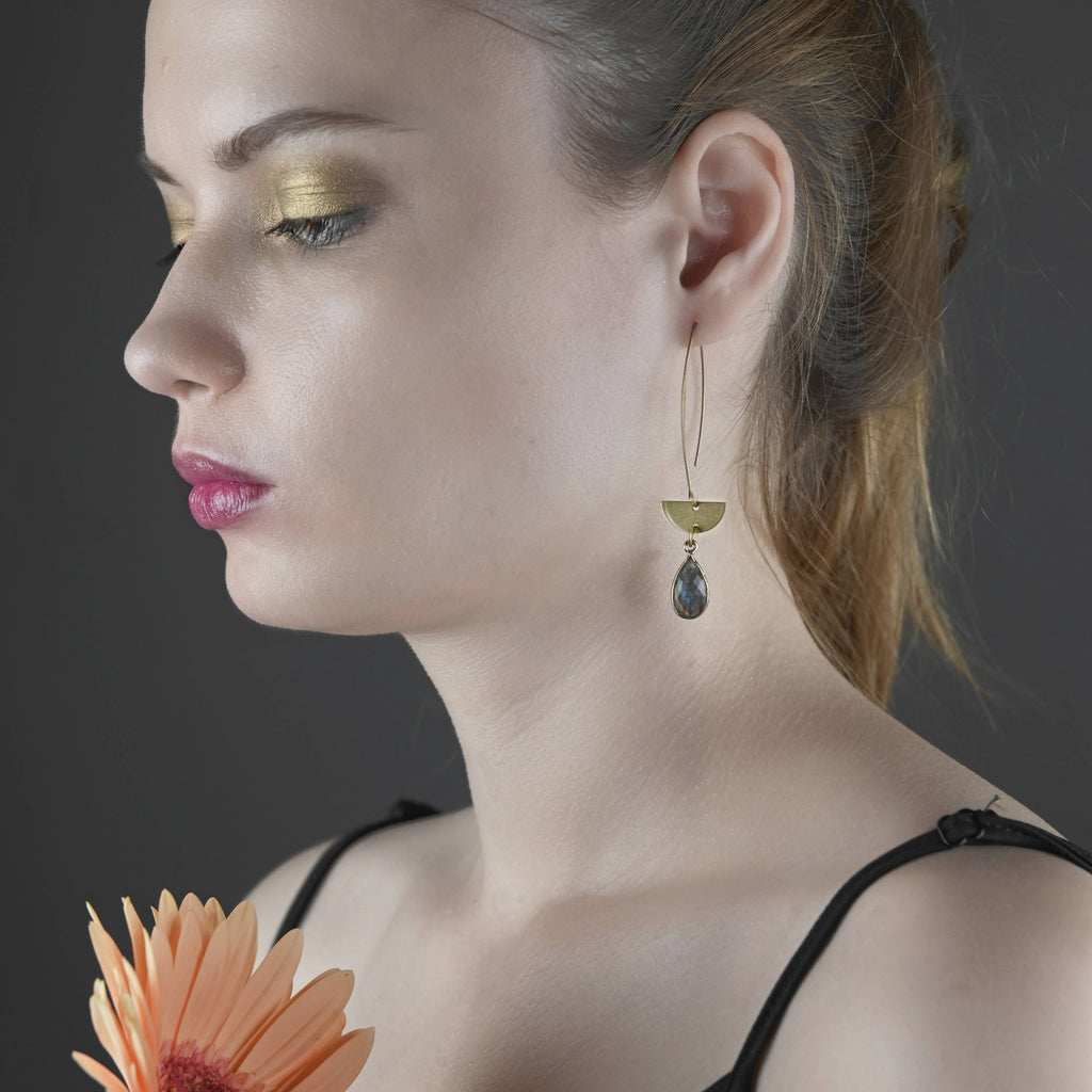Long Wire w/ Half Circle & Semi Precious Tear Gemstone Ear
