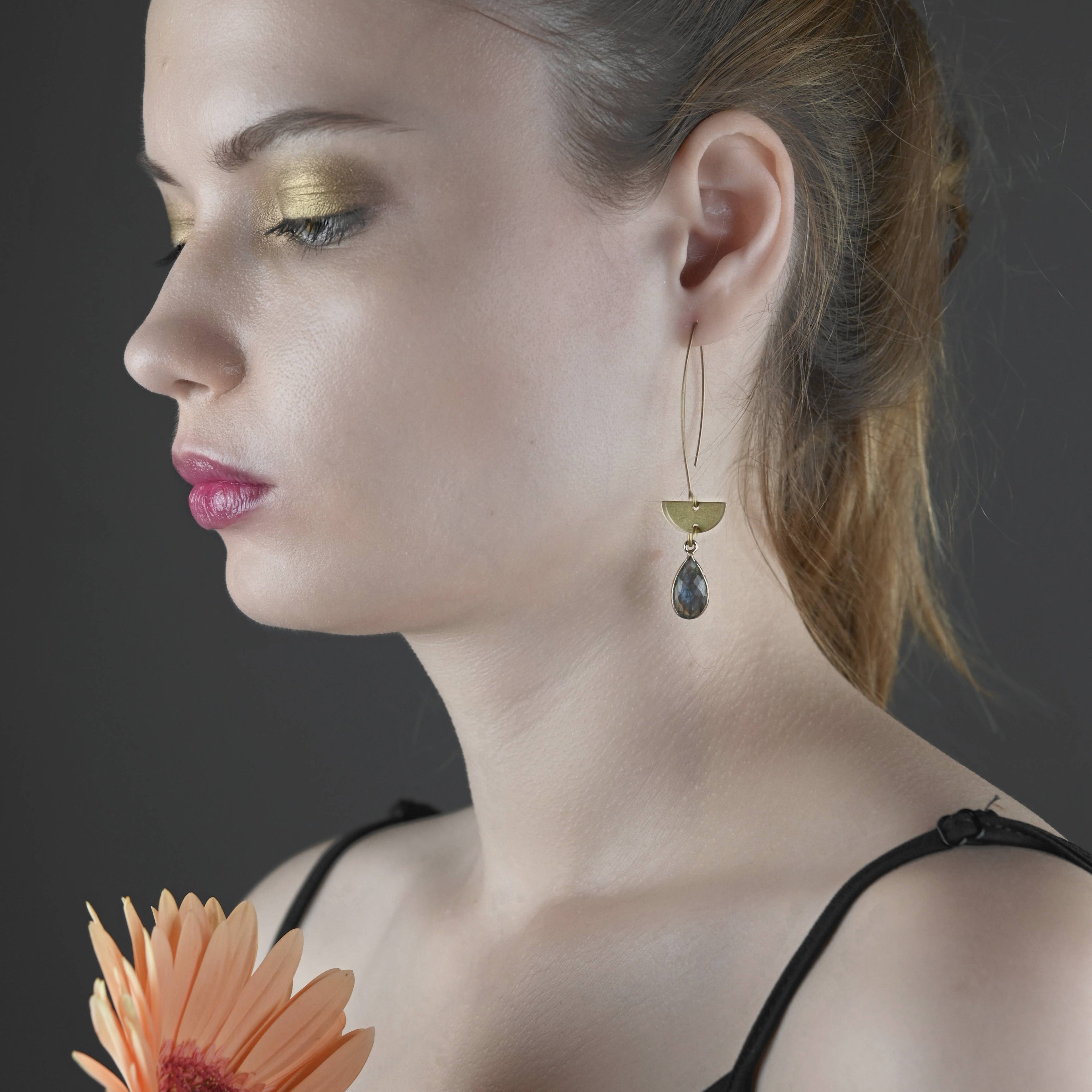 Long Wire w/ Half Circle & Semi Precious Tear Gemstone Ear