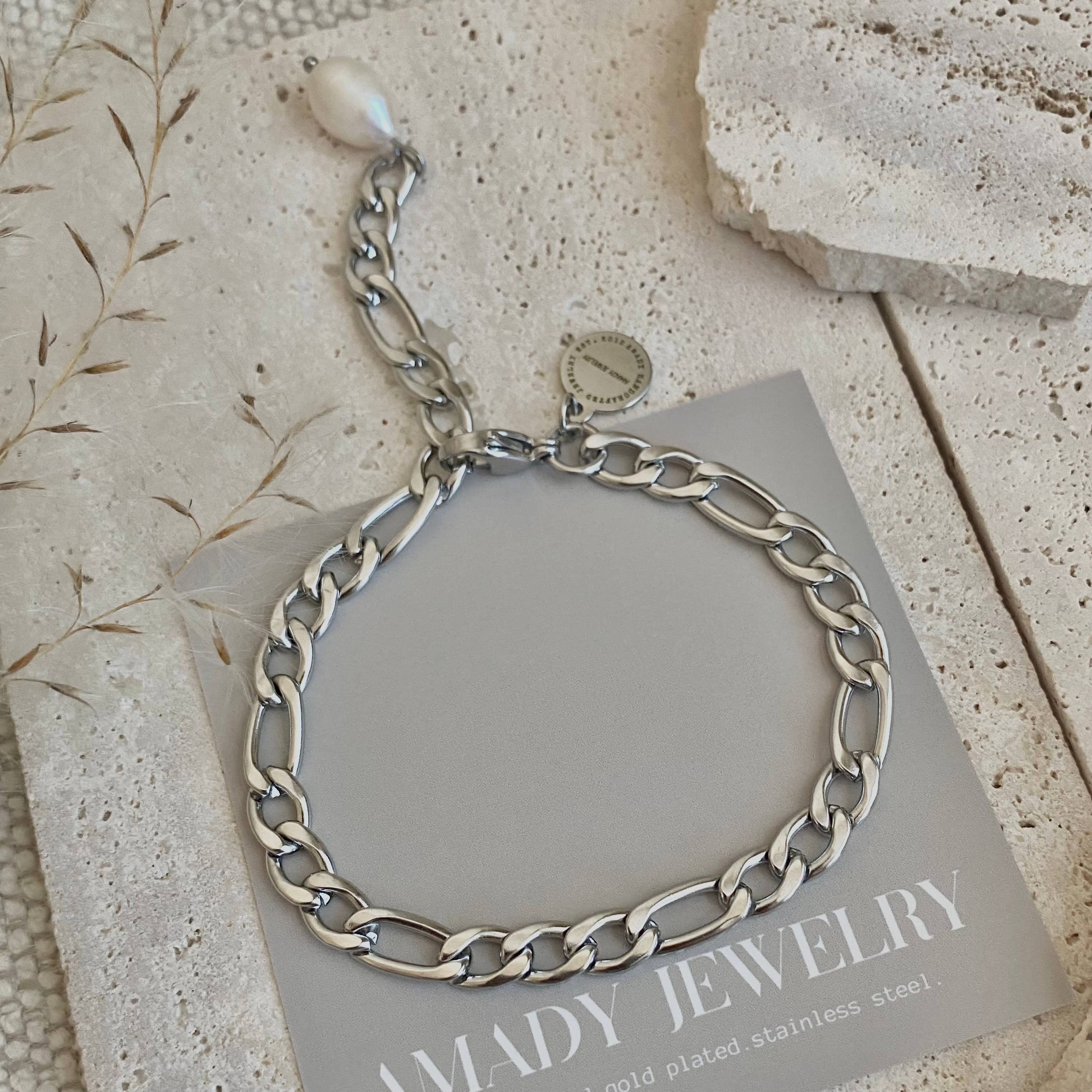 Silver Figaro Pearl link chain bracelet stainless steel