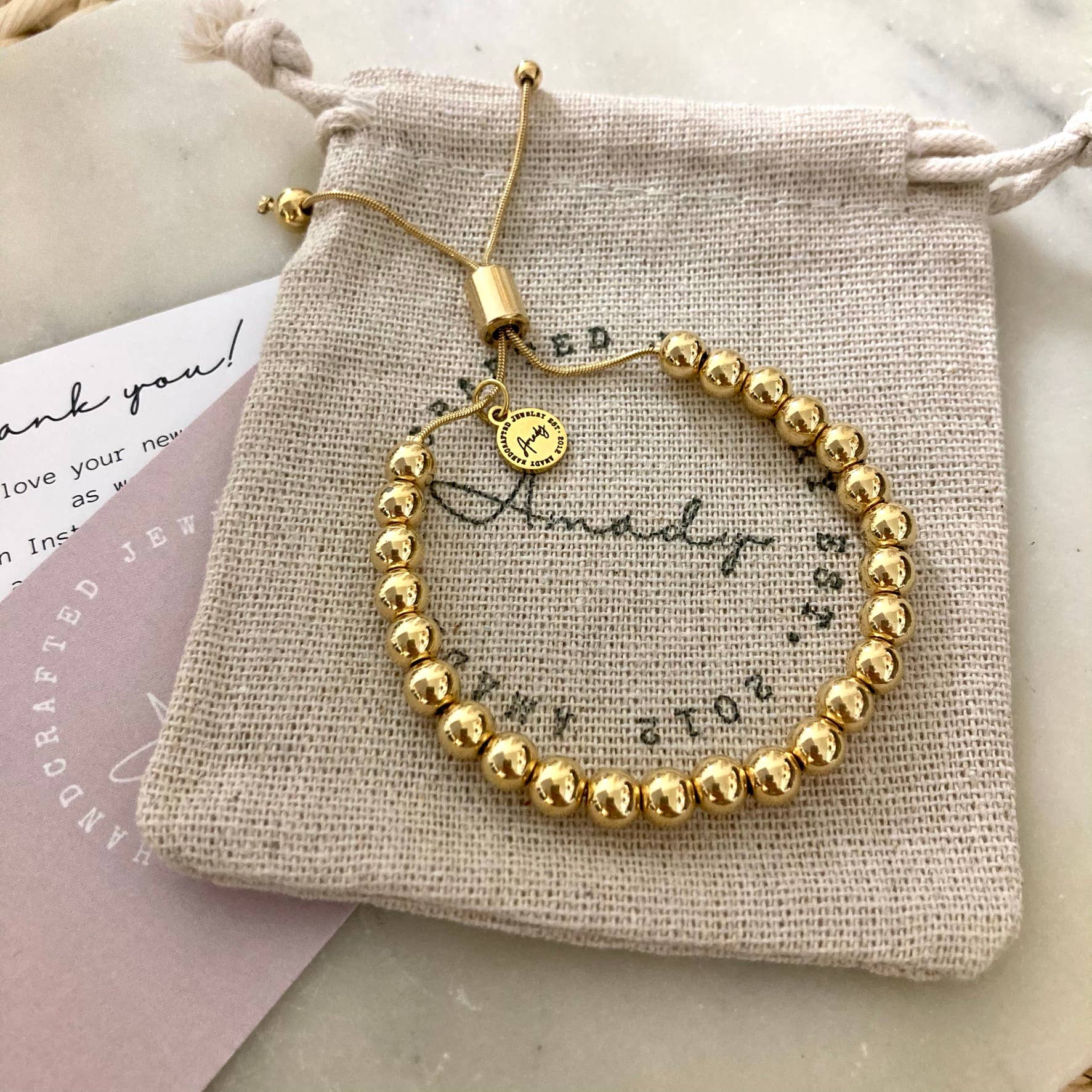 Gold beaded adjustable bracelet, 24k Gold-plated layering