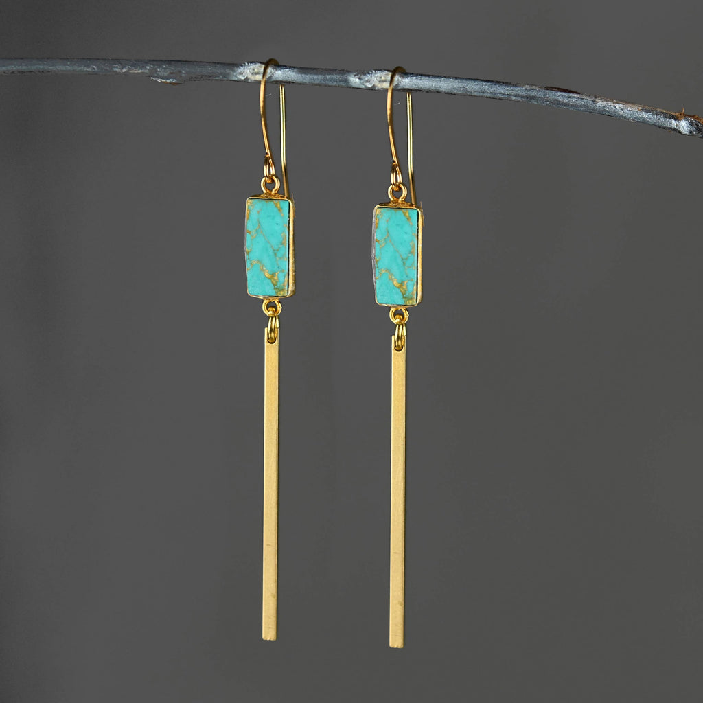 Rectangle Gemstone with Long Bar Earrings