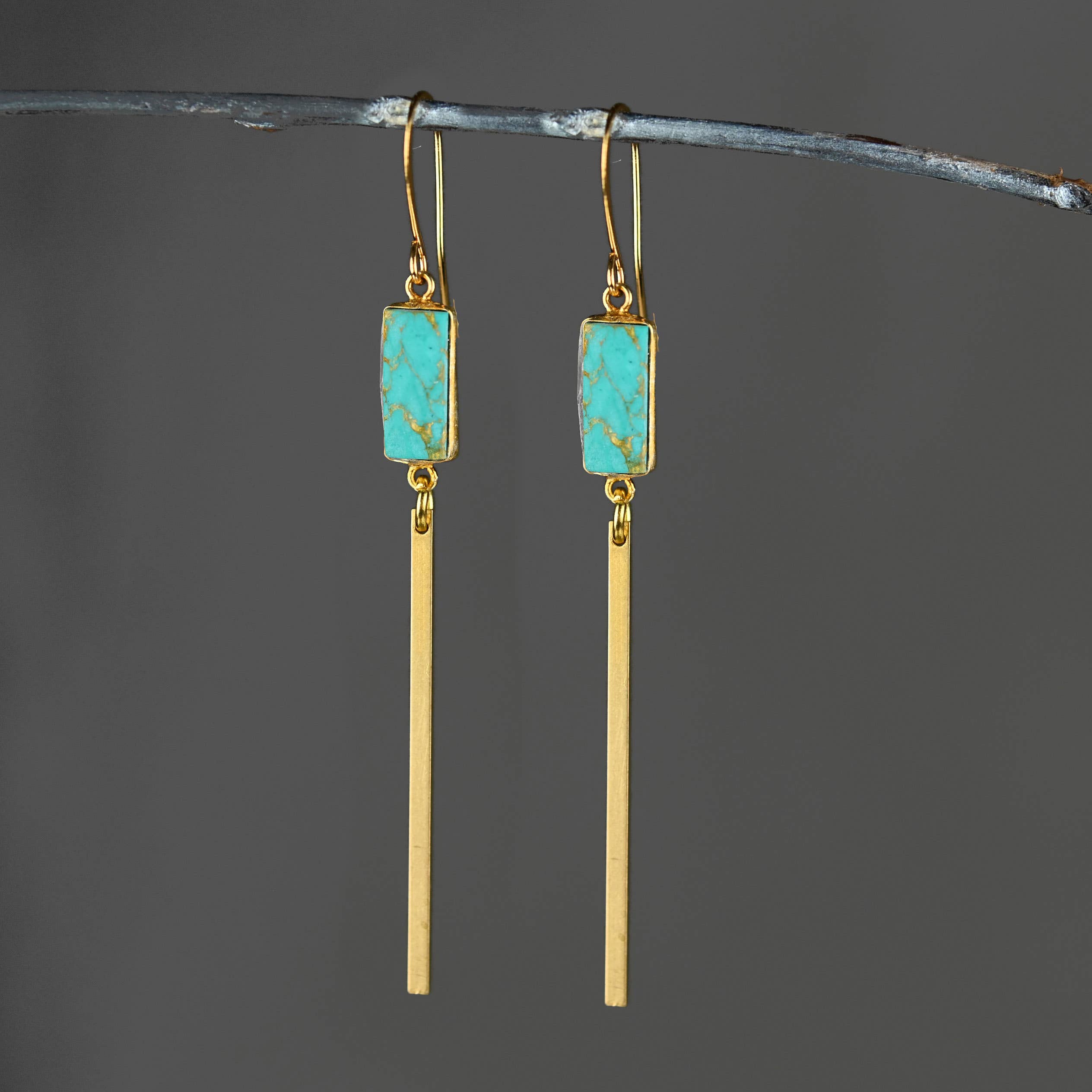 Rectangle Gemstone with Long Bar Earrings