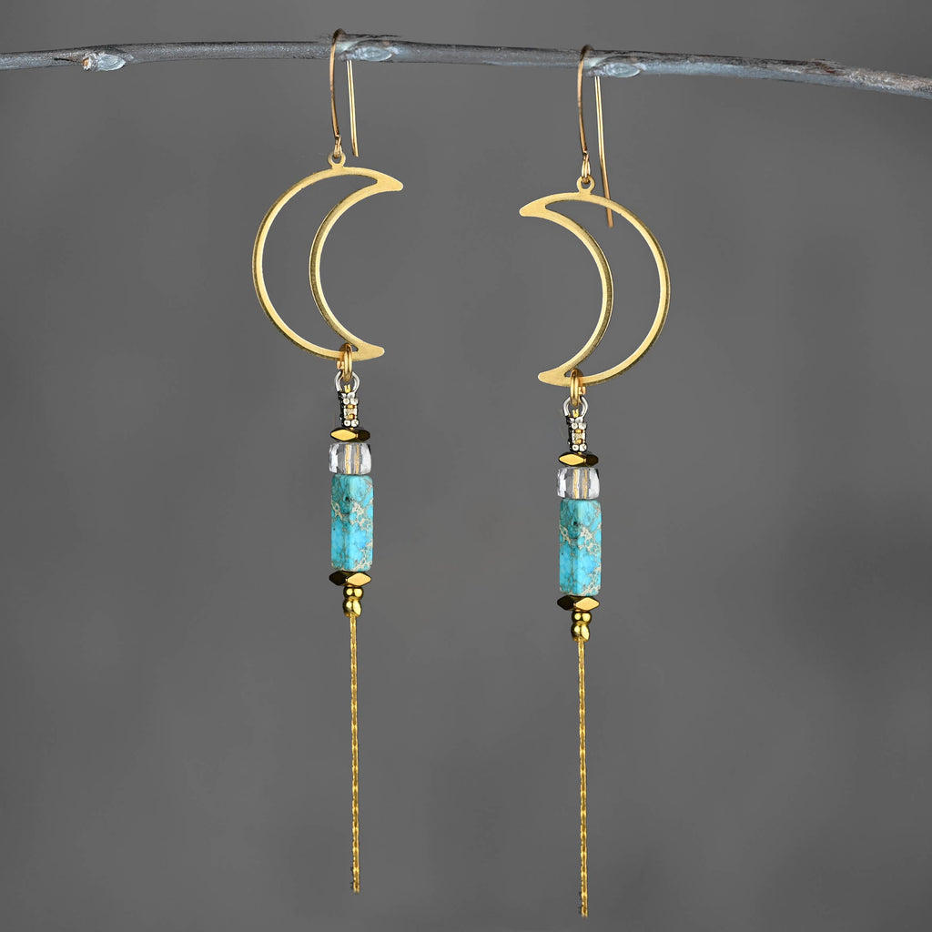 Brass Open Moon w/ Semi Precious Chain Drop Earrings