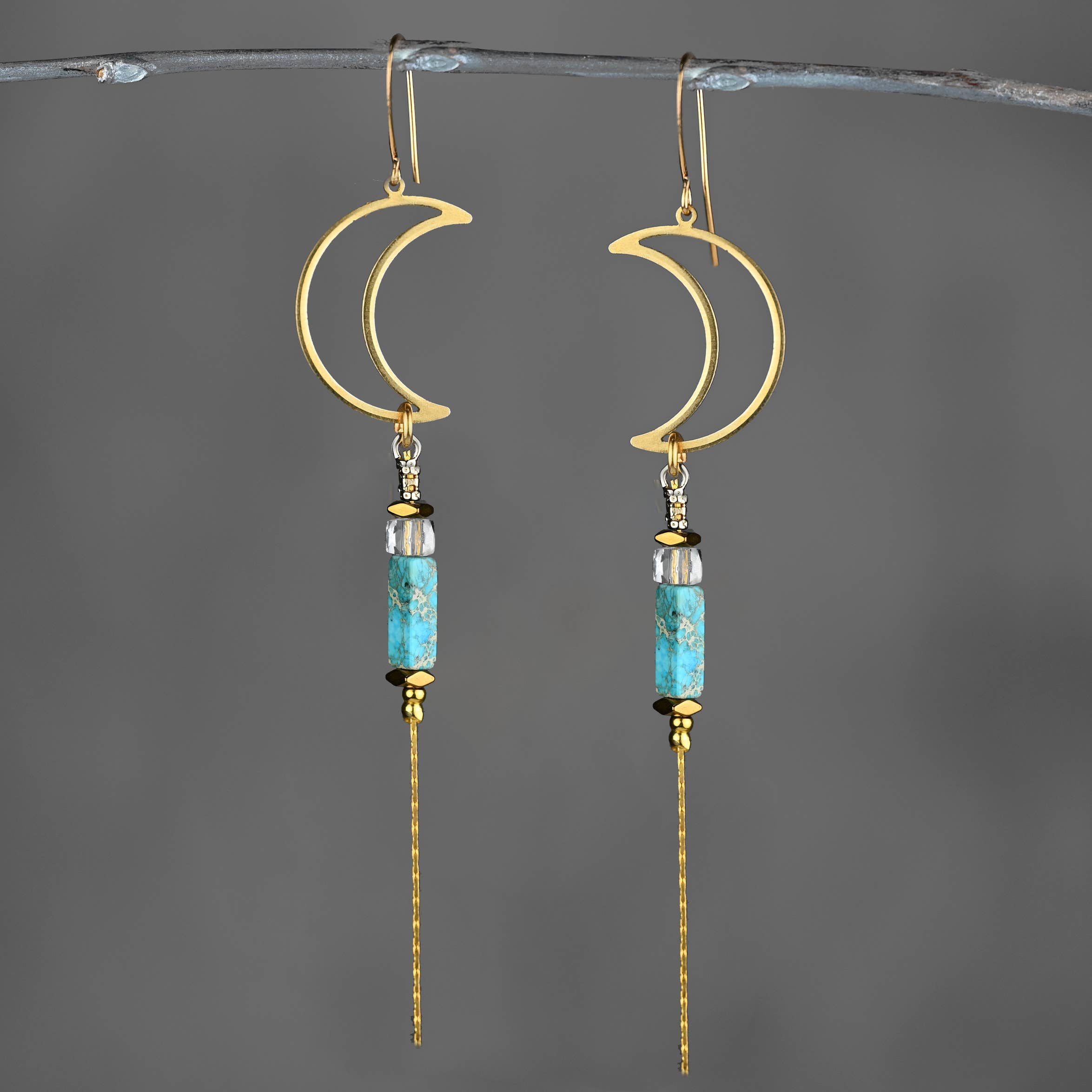 Brass Open Moon w/ Semi Precious Chain Drop Earrings