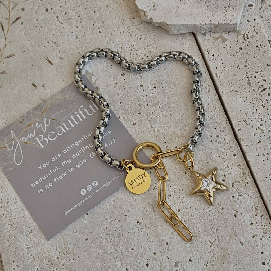 Star charm two tone silver and gold ombré pendant bracelet