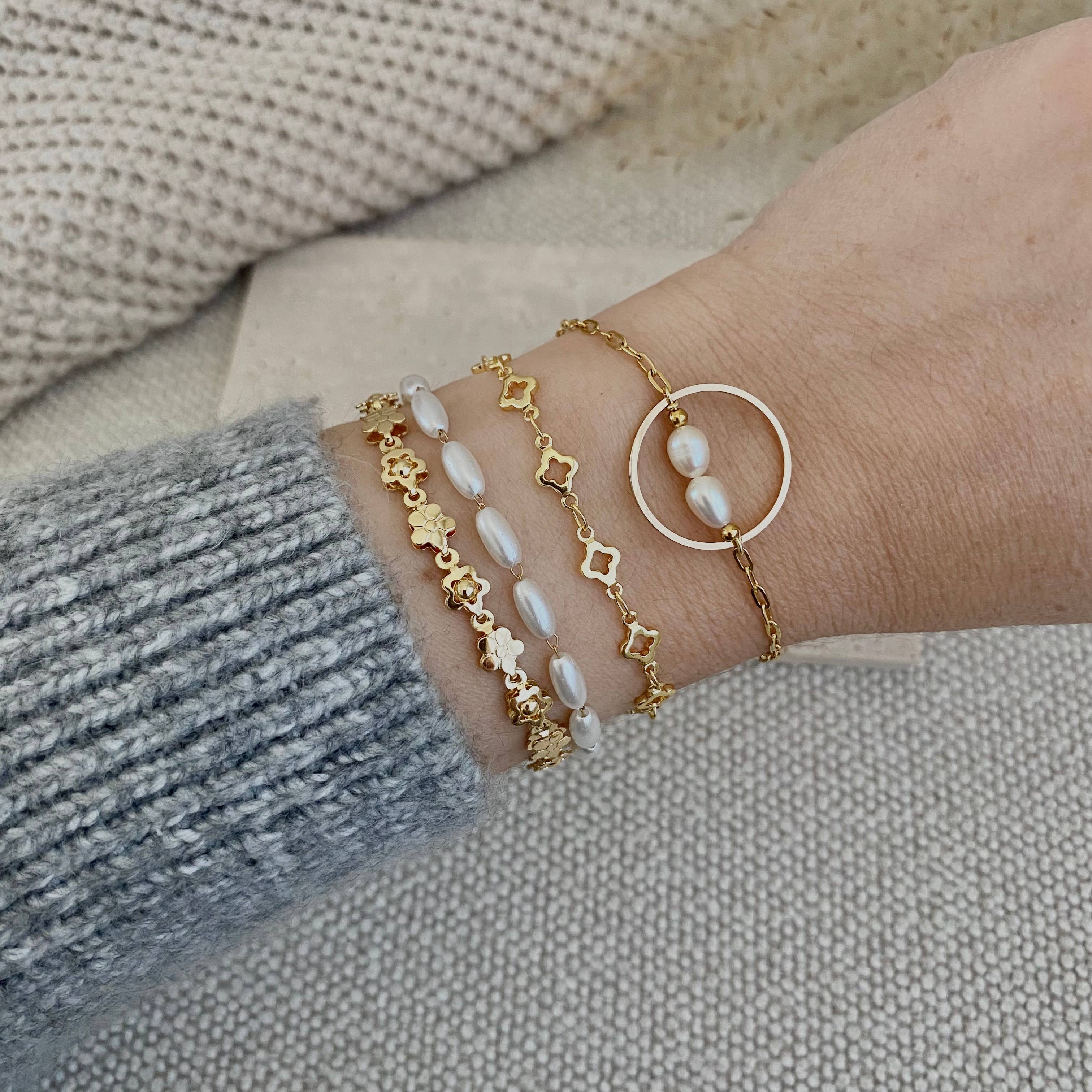 Layering Gold Plated Charm Bracelets clover, flower, pearls