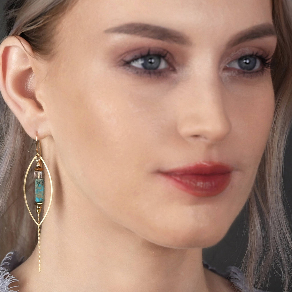 Brass Marquise Semi Precious Chain Drop Earrings
