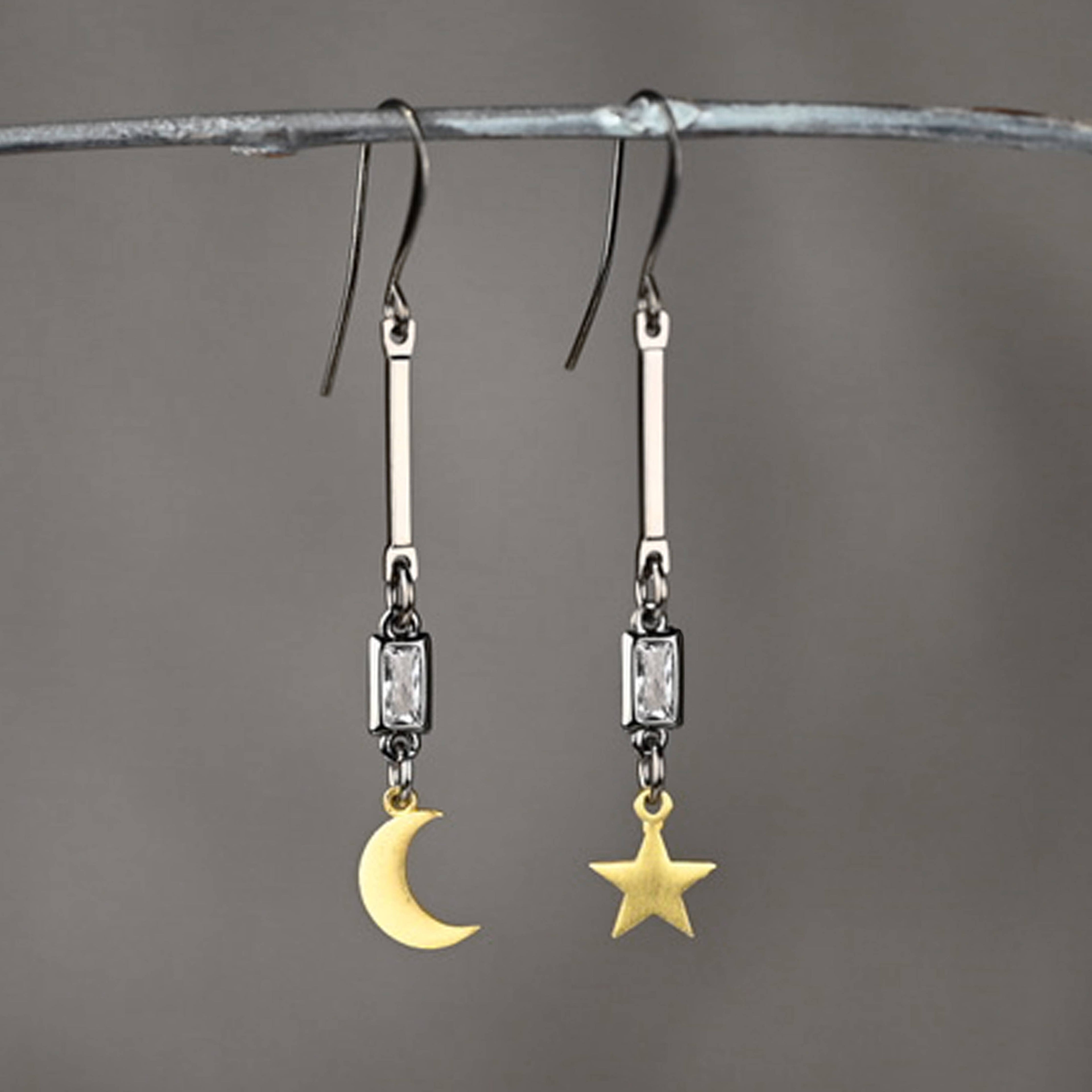 Moon & Star Mismatched Mixed Metal Earrings