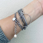 Silver Figaro Pearl link chain bracelet stainless steel