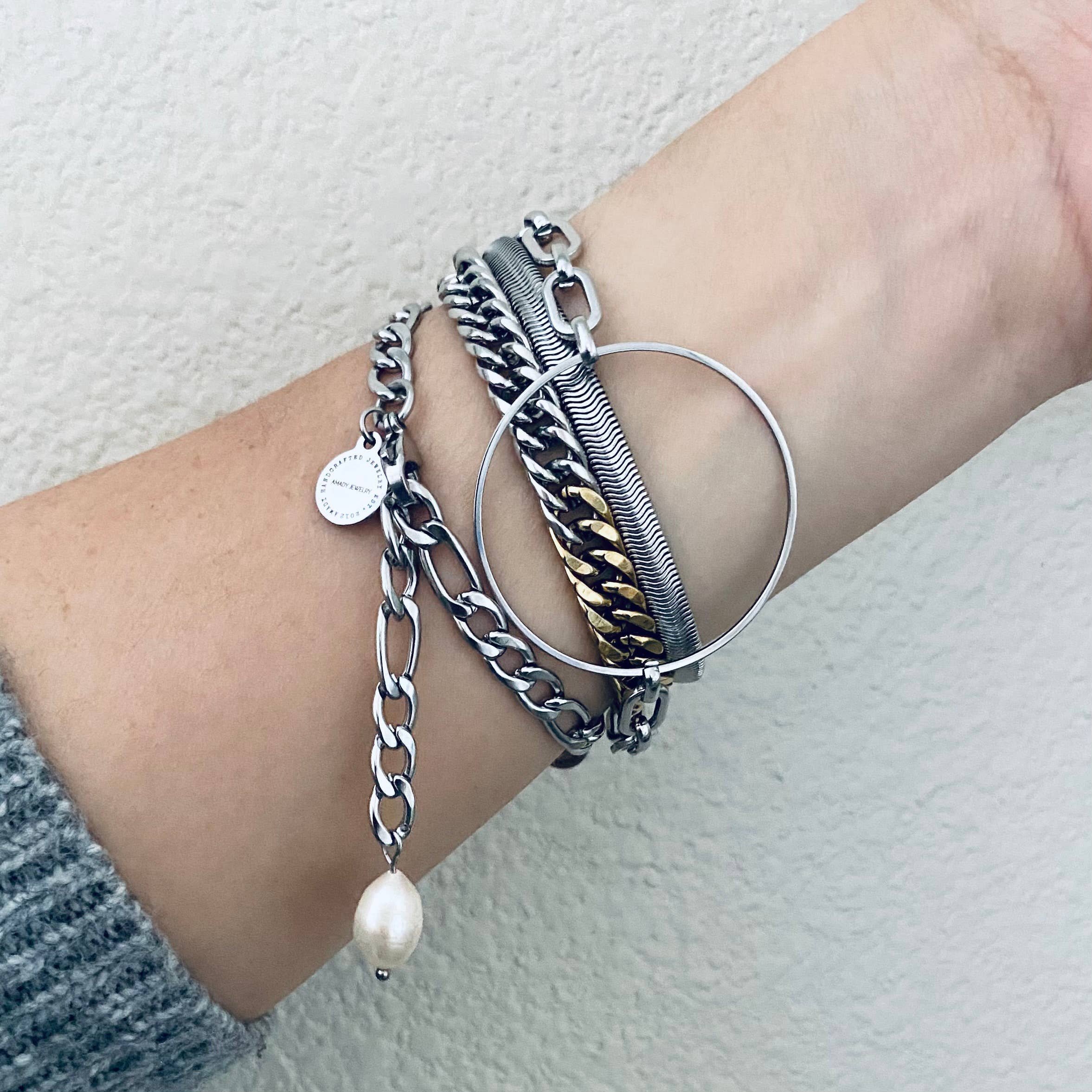 Silver Figaro Pearl link chain bracelet stainless steel