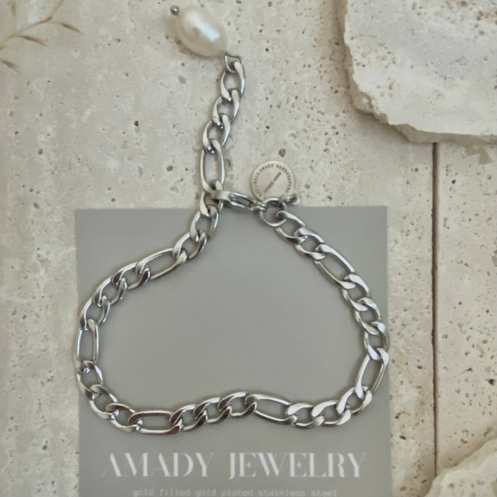 Silver Figaro Pearl link chain bracelet stainless steel
