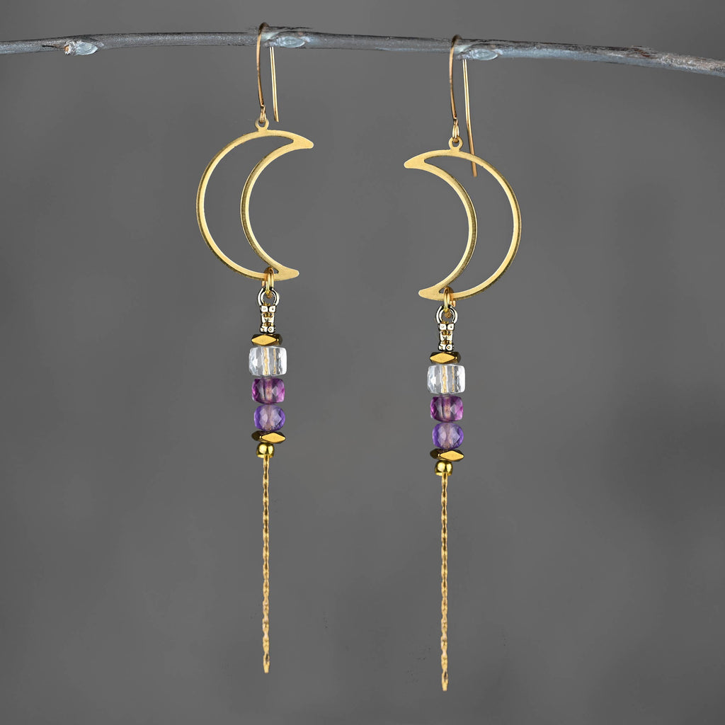 Brass Open Moon w/ Semi Precious Chain Drop Earrings