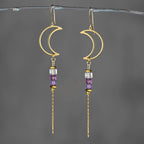 Brass Open Moon w/ Semi Precious Chain Drop Earrings