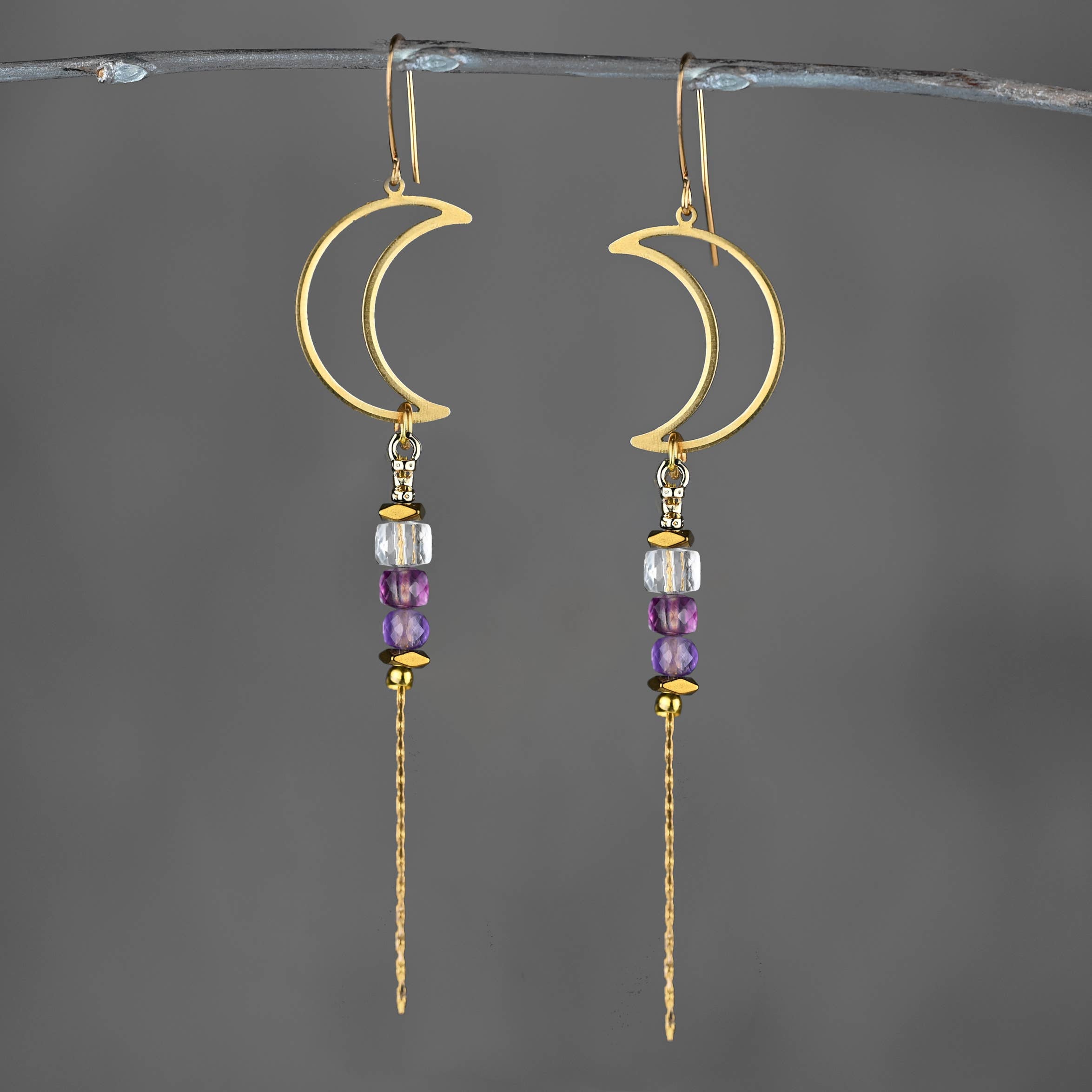 Brass Open Moon w/ Semi Precious Chain Drop Earrings
