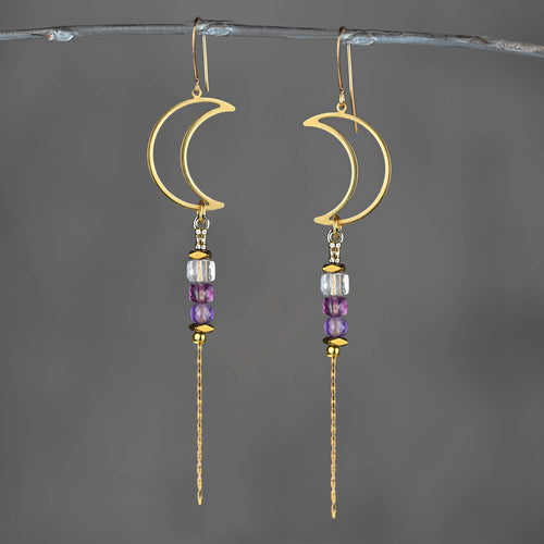 Brass Open Moon w/ Semi Precious Chain Drop Earrings