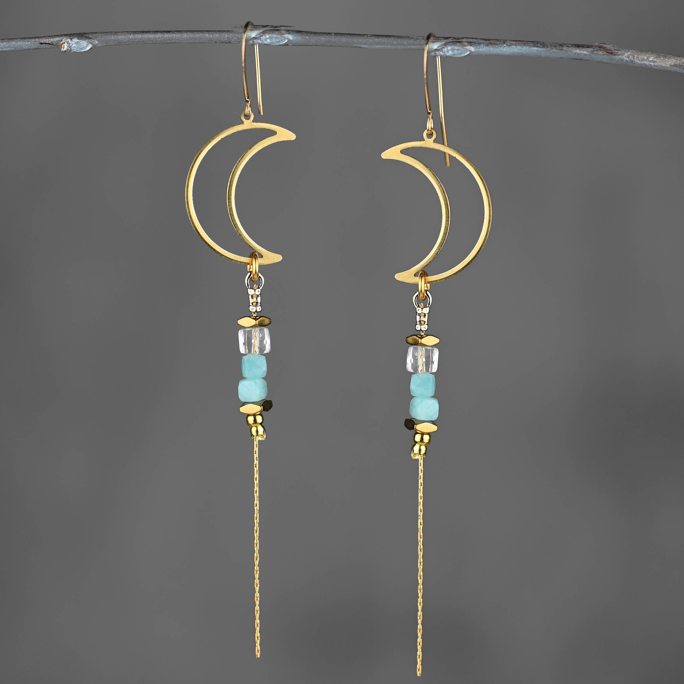 Brass Open Moon w/ Semi Precious Chain Drop Earrings