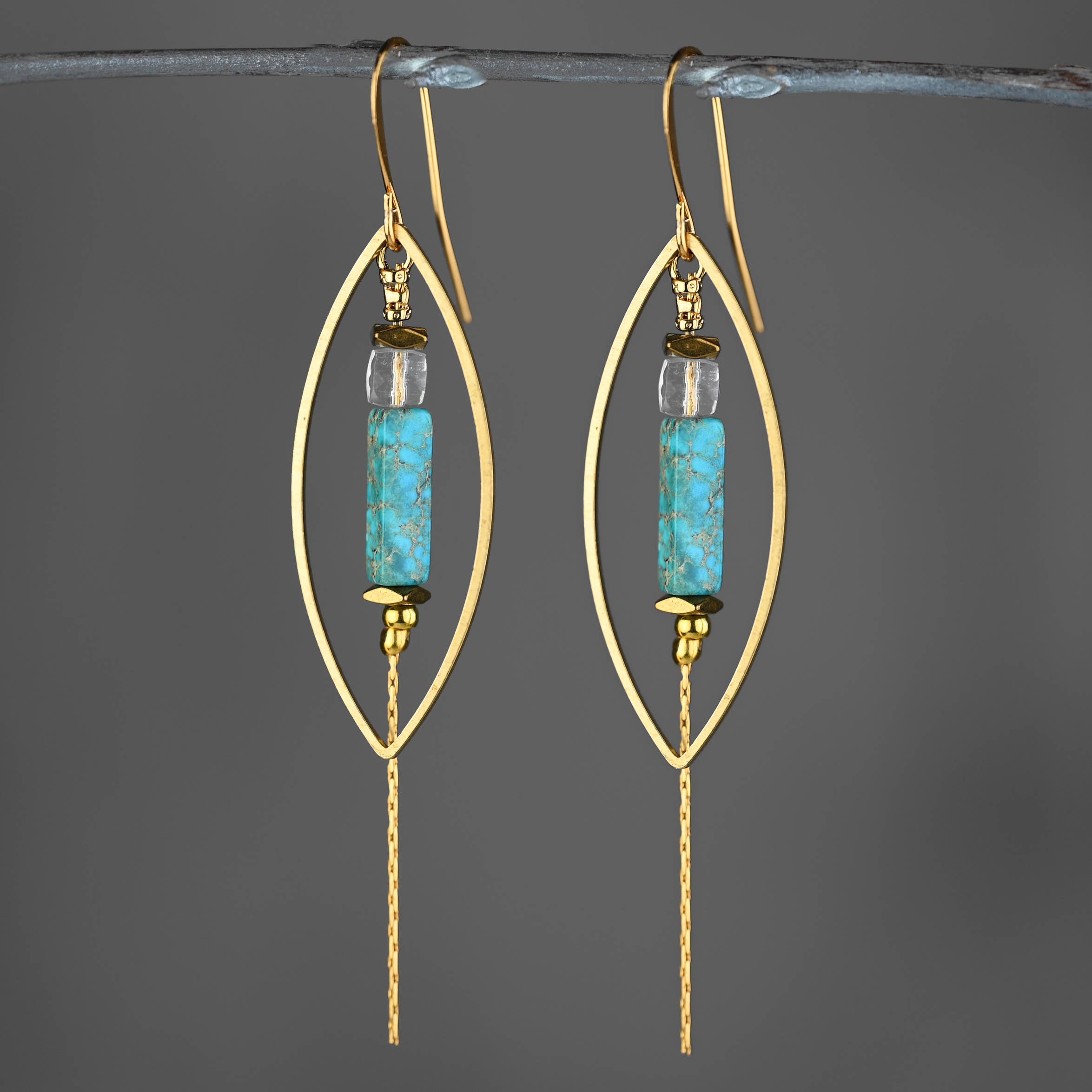Brass Marquise Semi Precious Chain Drop Earrings