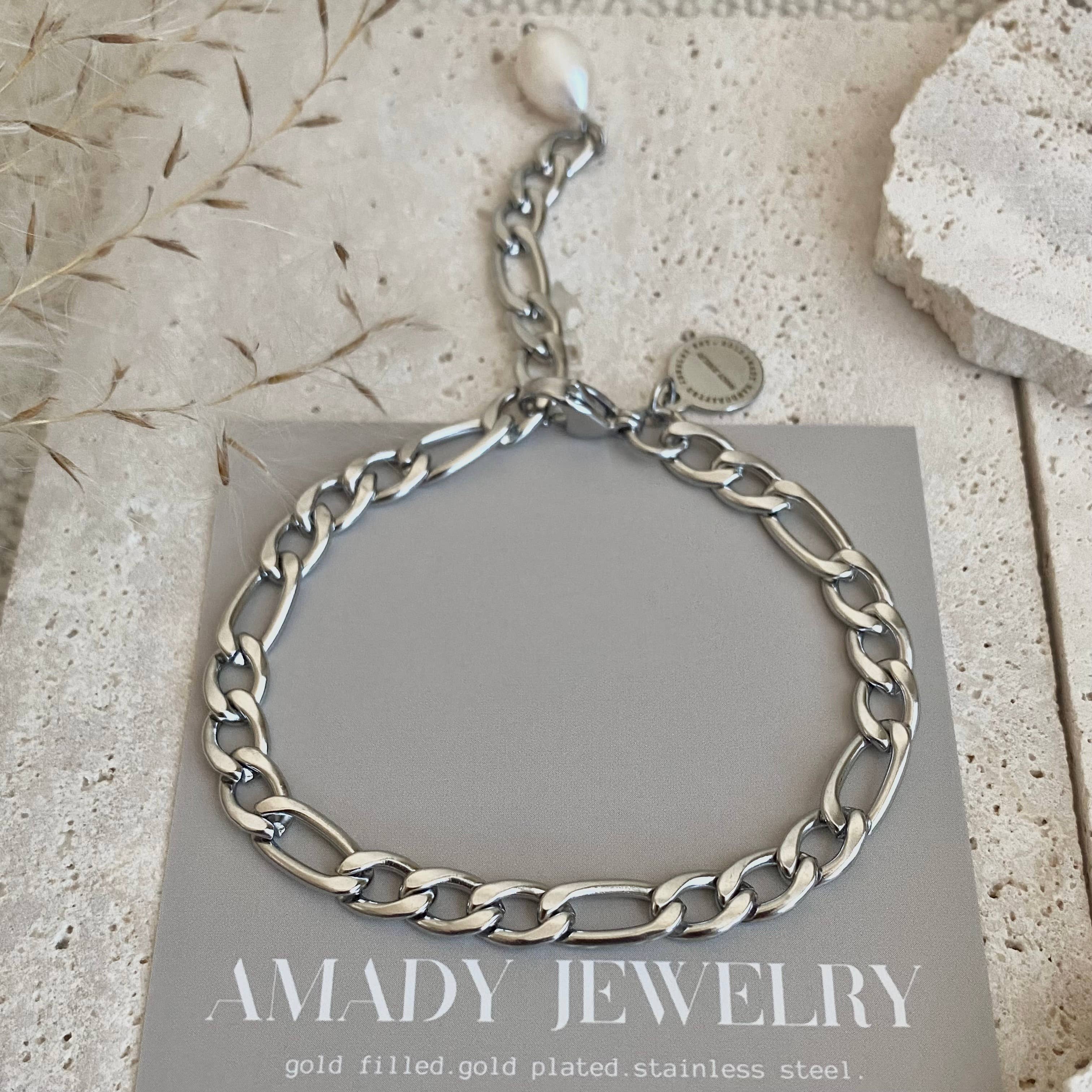Silver Figaro Pearl link chain bracelet stainless steel