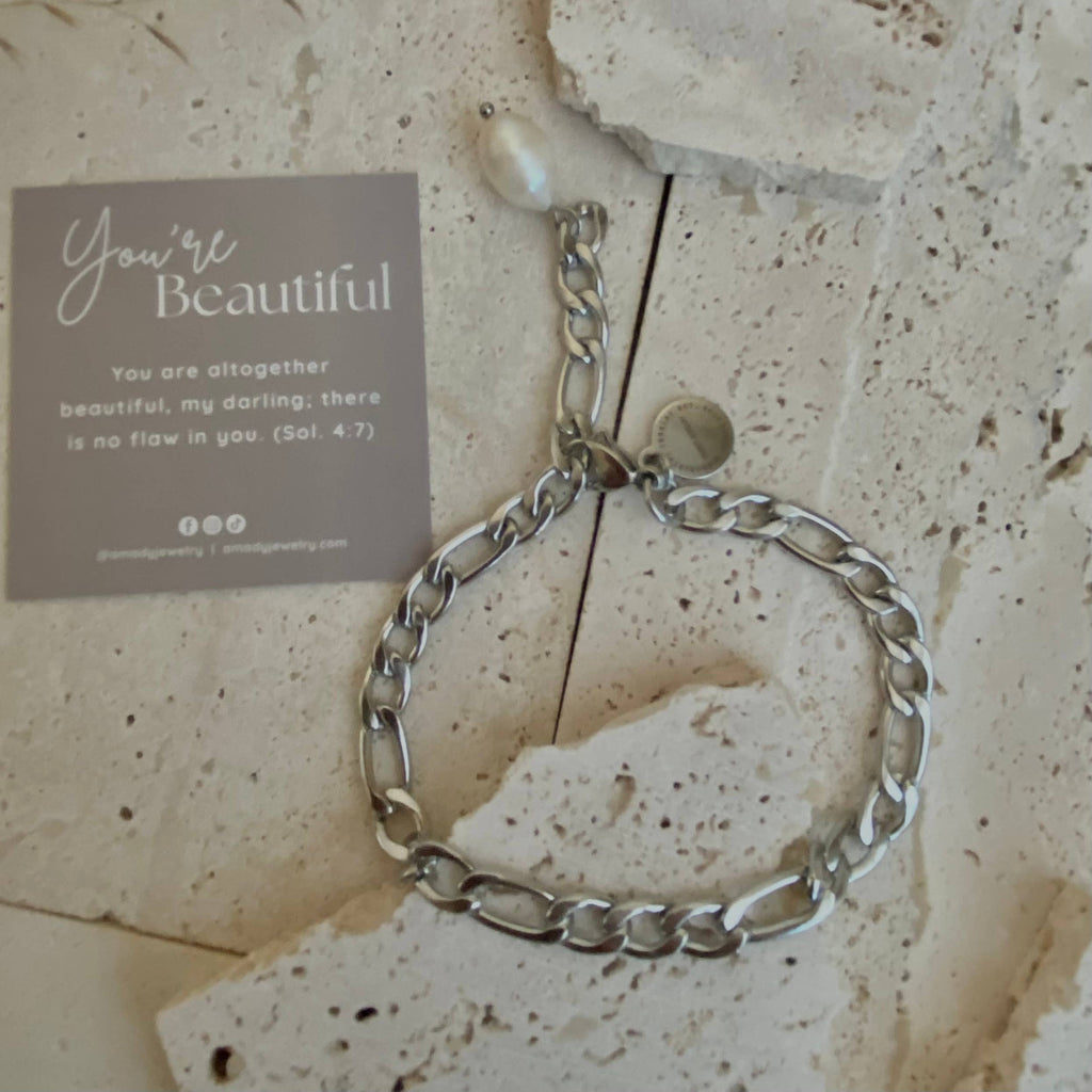 Silver Figaro Pearl link chain bracelet stainless steel