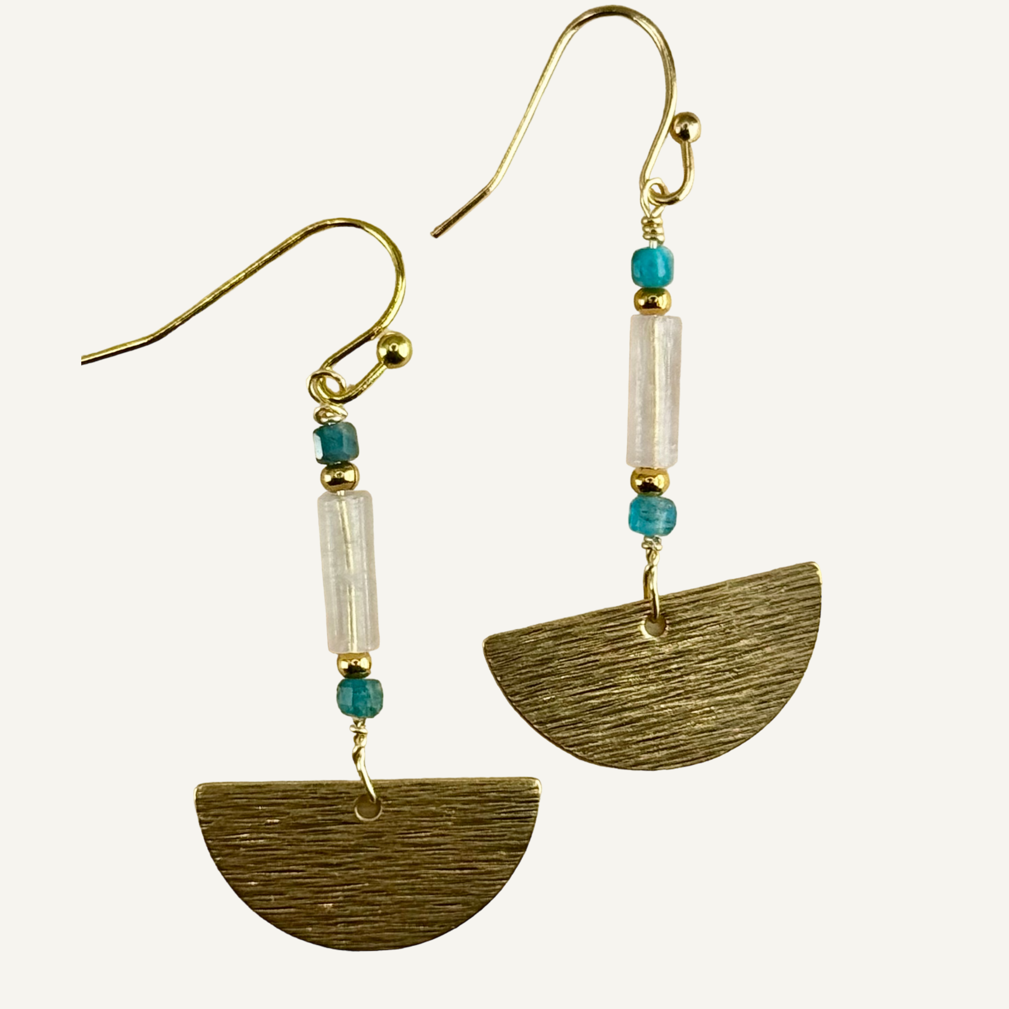 Half dome gold earrings with rose quartz and apatite