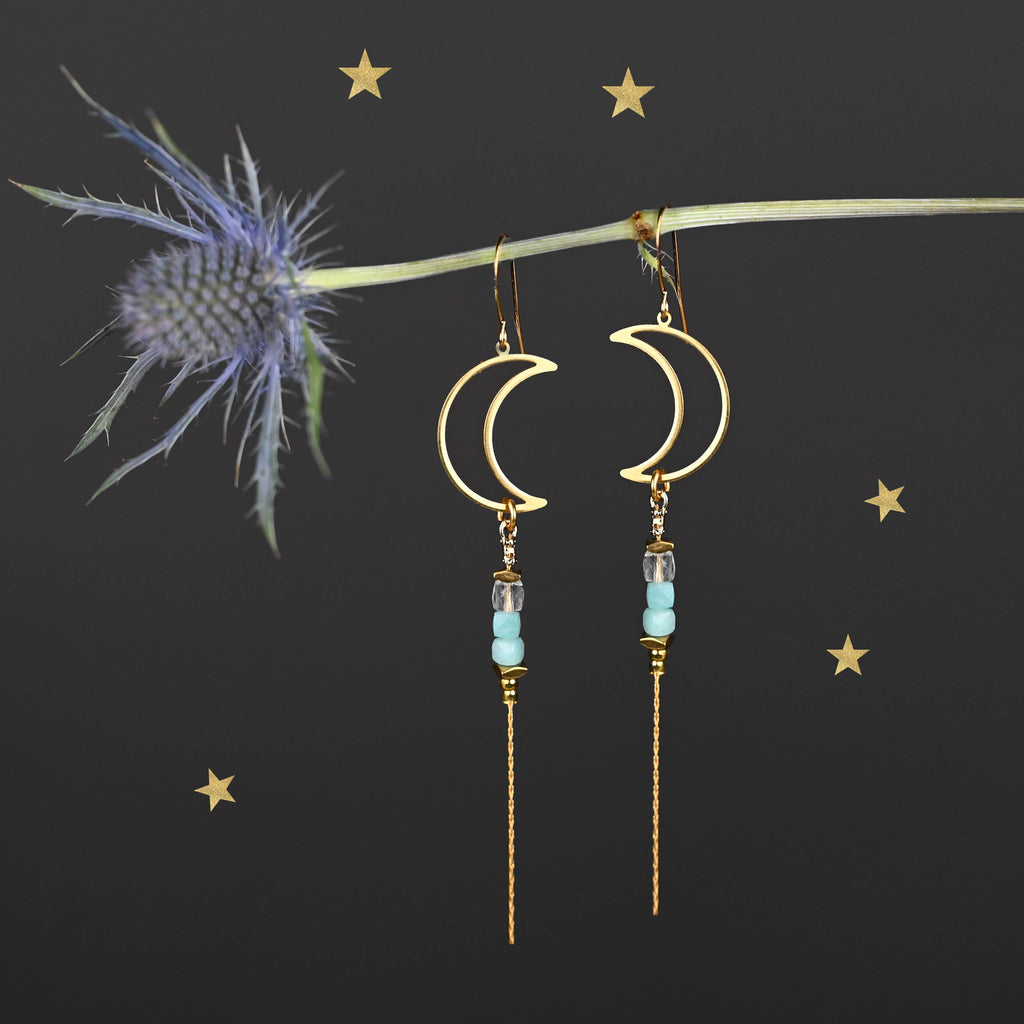 Brass Open Moon w/ Semi Precious Chain Drop Earrings