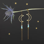 Brass Open Moon w/ Semi Precious Chain Drop Earrings