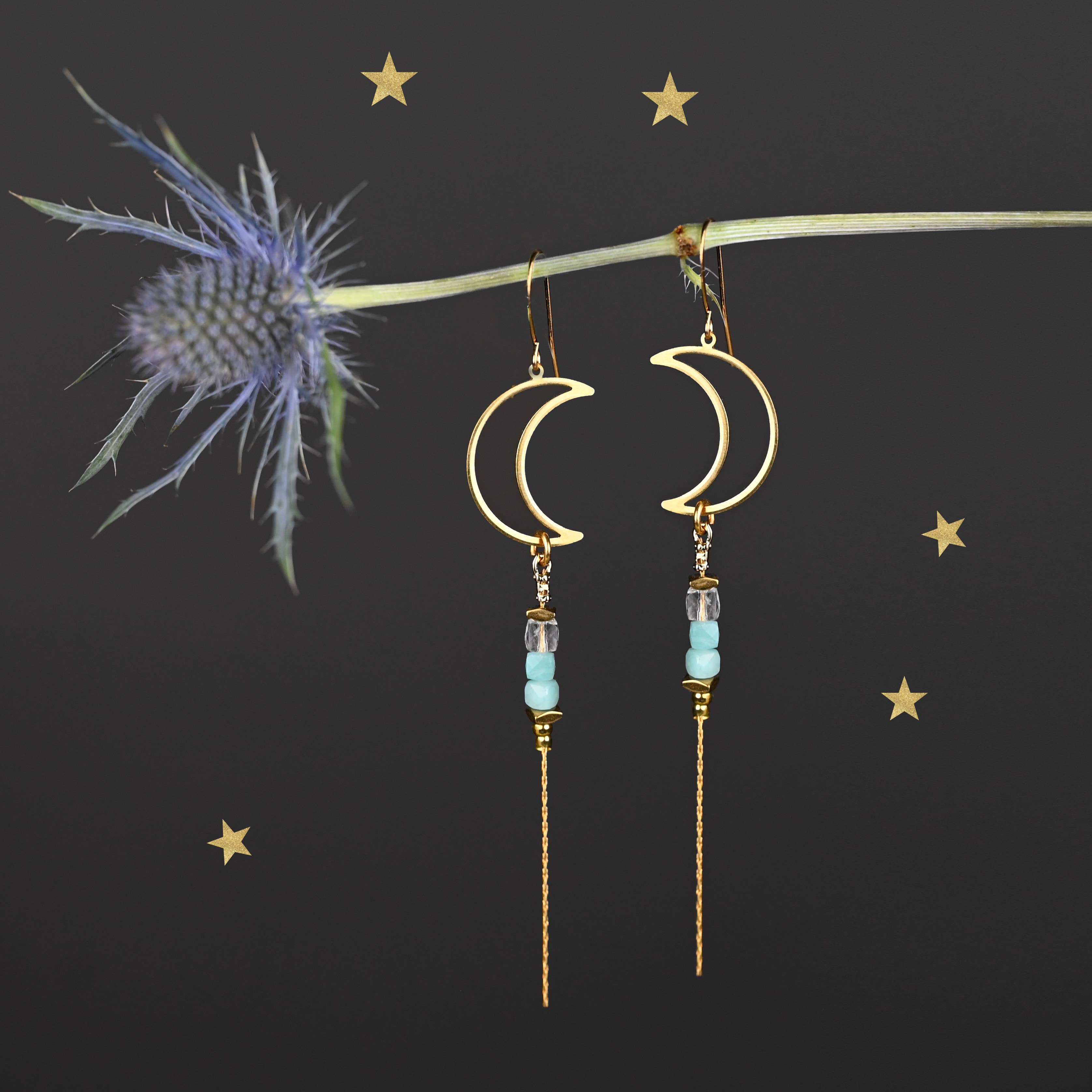 Brass Open Moon w/ Semi Precious Chain Drop Earrings