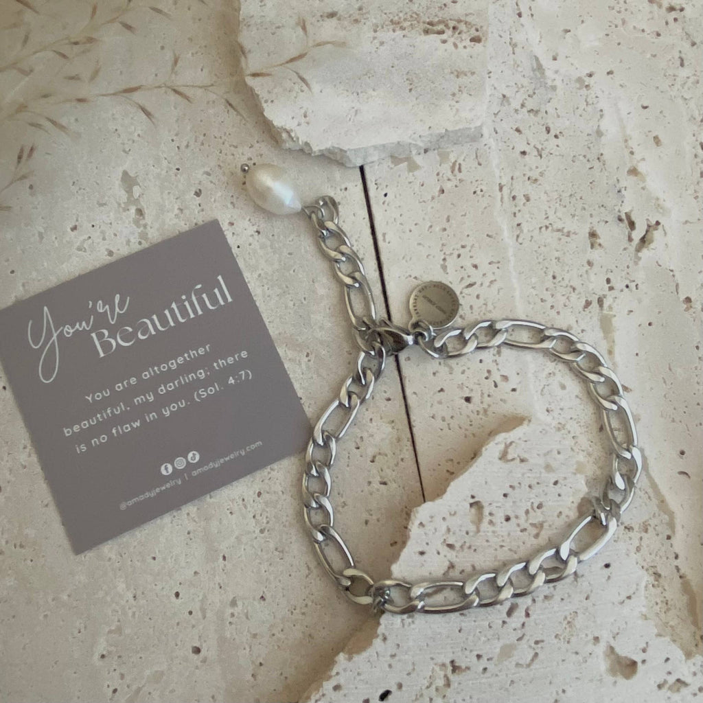 Silver Figaro Pearl link chain bracelet stainless steel