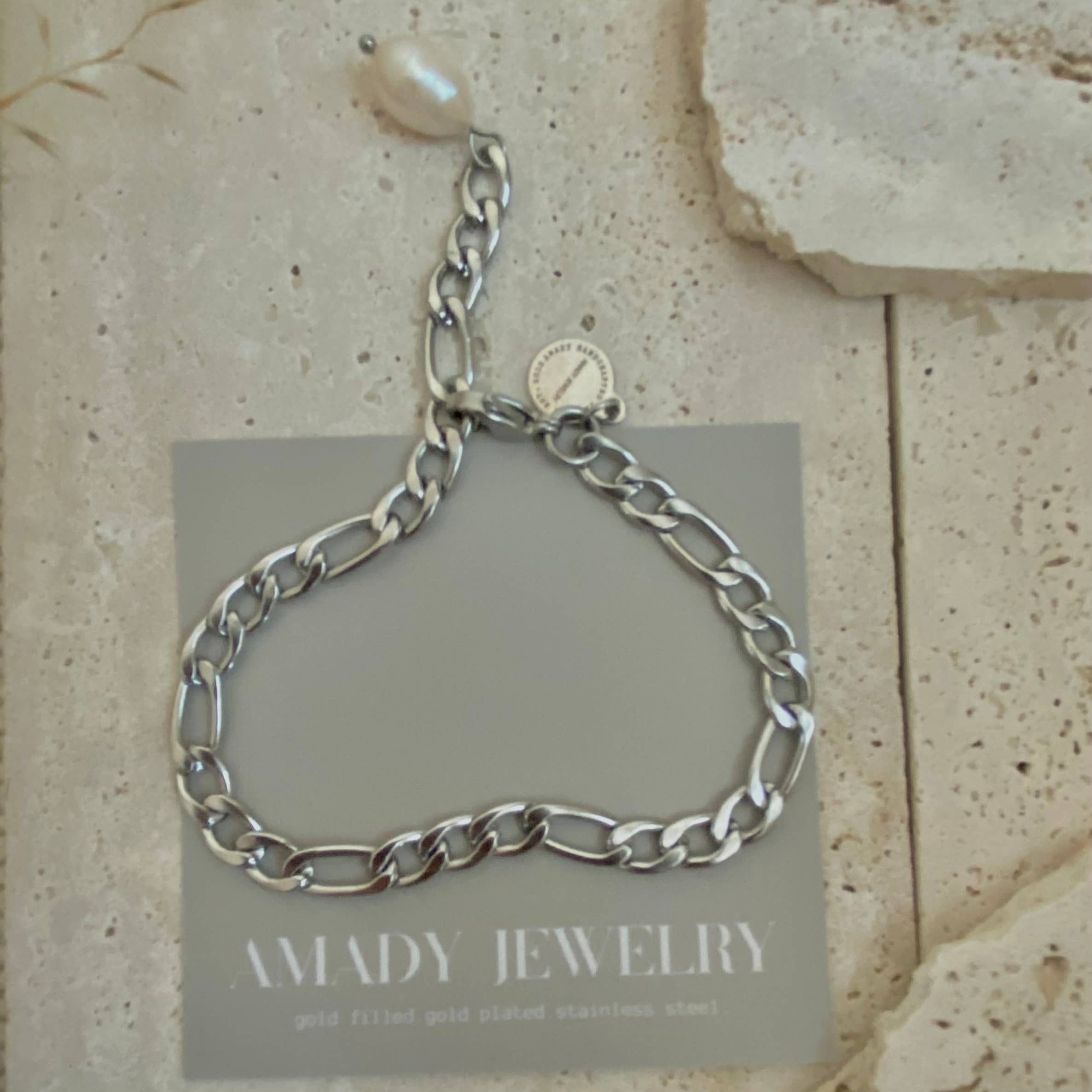 Silver Figaro Pearl link chain bracelet stainless steel