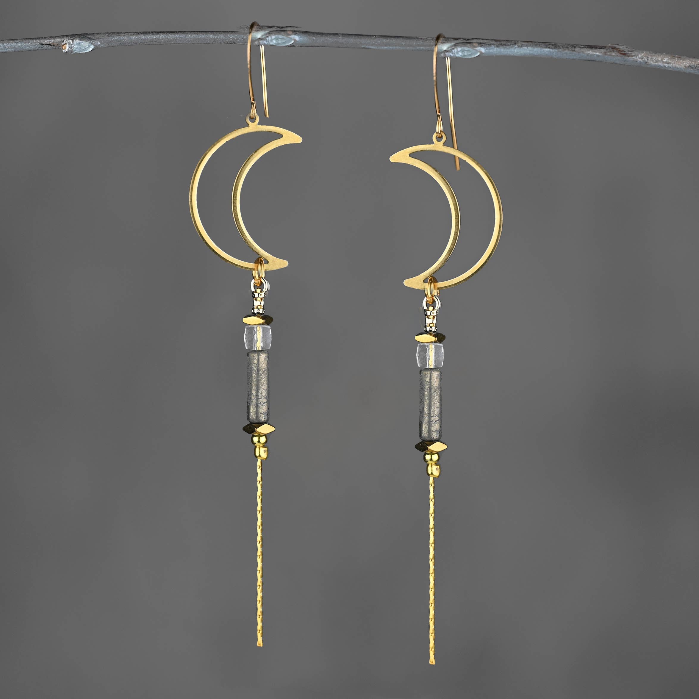 Brass Open Moon w/ Semi Precious Chain Drop Earrings