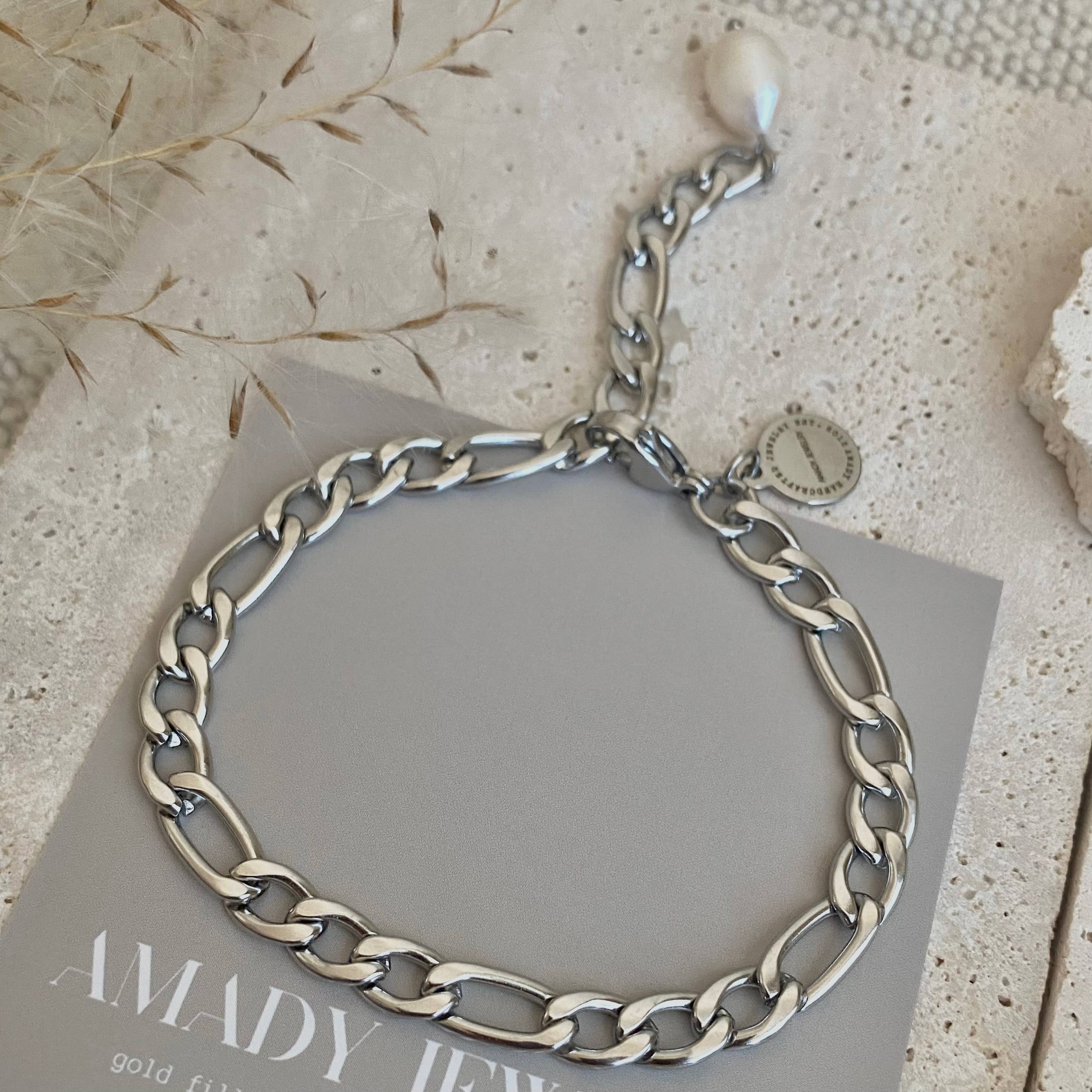 Silver Figaro Pearl link chain bracelet stainless steel